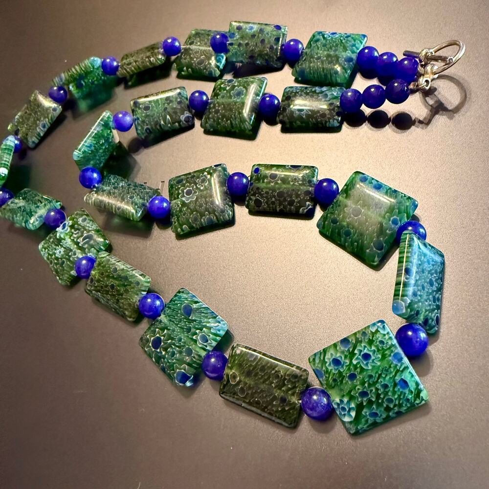Green & Blue Millefiori Glass Beaded Artisan Necklace